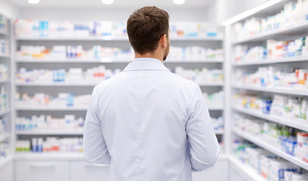 pharmacien-blouse-etagere-pharmacie-moderne