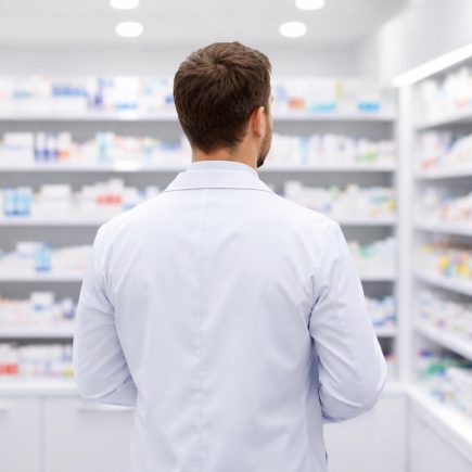 pharmacien-blouse-etagere-pharmacie-moderne