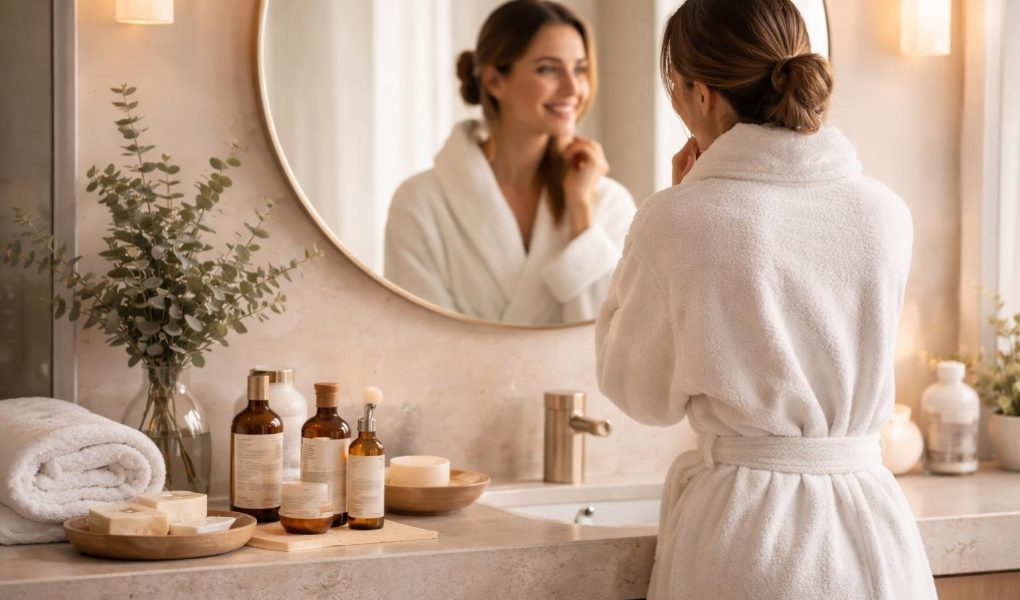 salle-bain-moderne-femme-peignoir-miroir