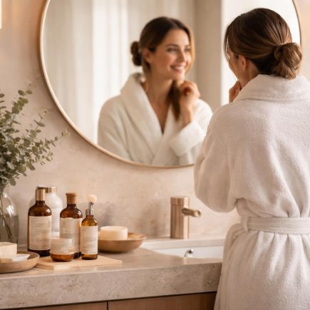 salle-bain-moderne-femme-peignoir-miroir