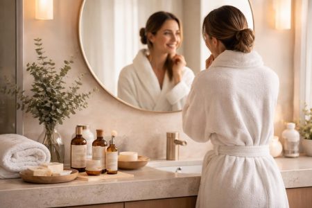 salle-bain-moderne-femme-peignoir-miroir
