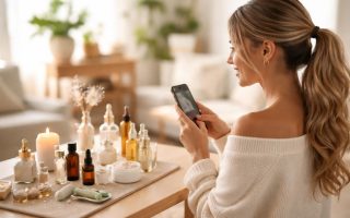 influenceuse-souriante-produits-beaute-table