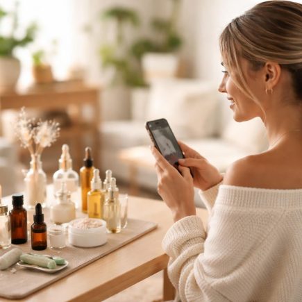 influenceuse-souriante-produits-beaute-table