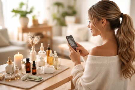 influenceuse-souriante-produits-beaute-table