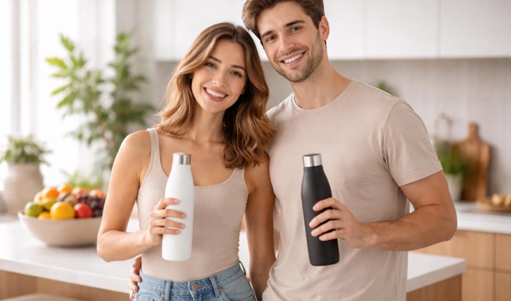 couple-souriant-cuisine-bouteilles-eau