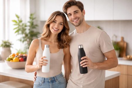 couple-souriant-cuisine-bouteilles-eau