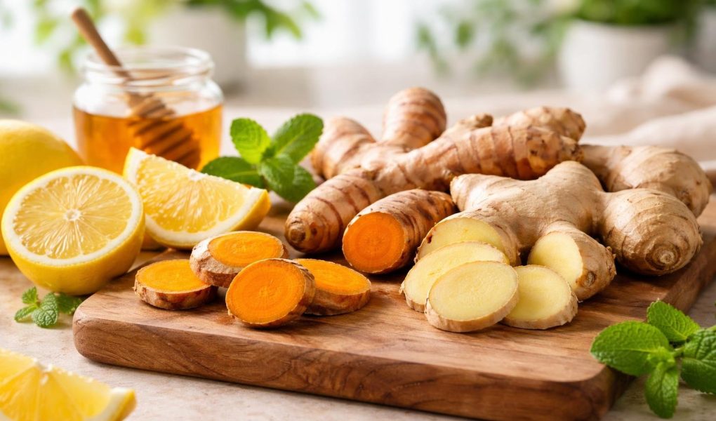 curcuma-gingembre-citron-planche-bois