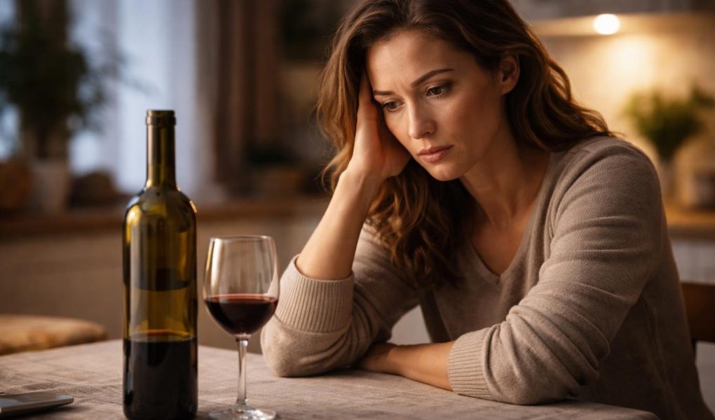 femme-preoccupee-bouteille-vin-table