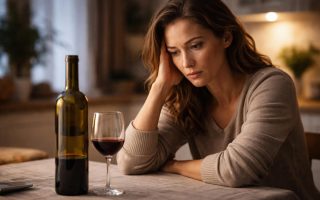 femme-preoccupee-bouteille-vin-table