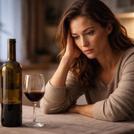 femme-preoccupee-bouteille-vin-table