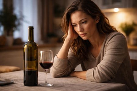 femme-preoccupee-bouteille-vin-table