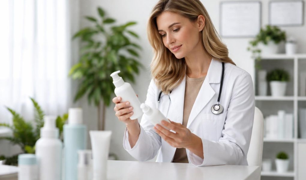 dermatologue-examine-produits-cabinet-moderne