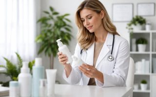 dermatologue-examine-produits-cabinet-moderne