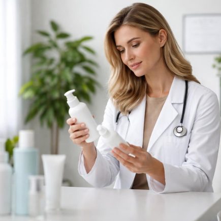 dermatologue-examine-produits-cabinet-moderne