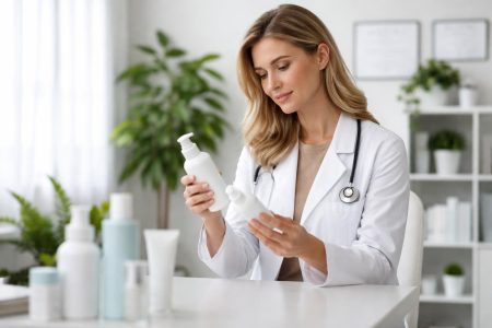 dermatologue-examine-produits-cabinet-moderne